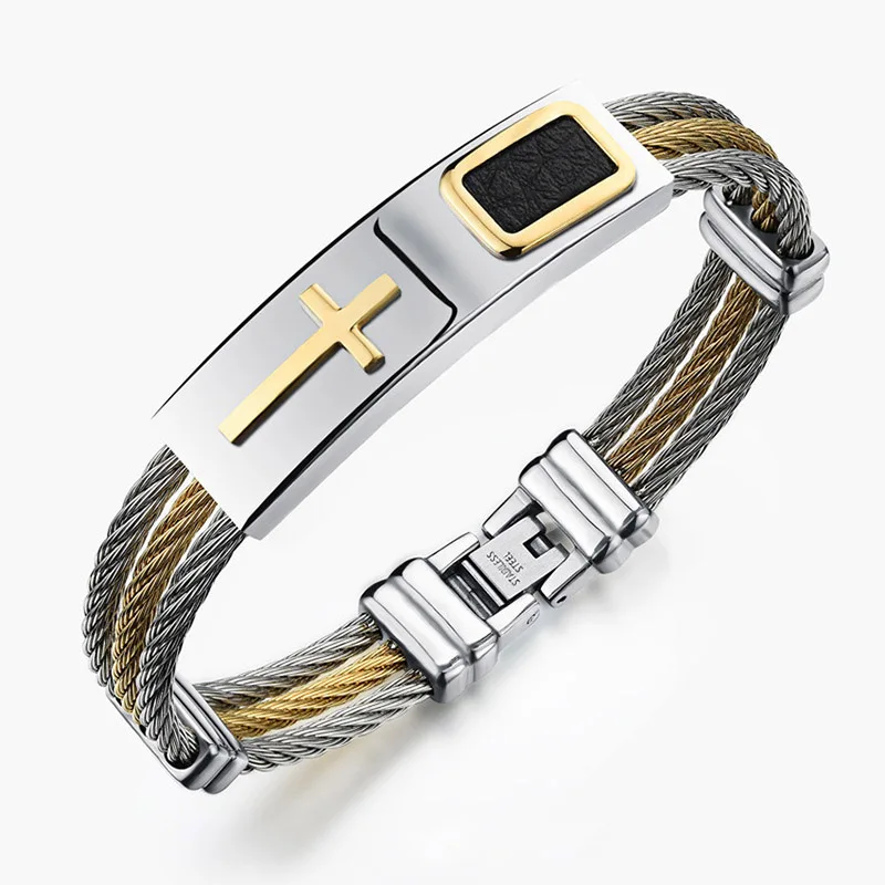 

Men 3 Rows Wire Chain Bracelet Bangle Punk Stainless Steel Cross Bracelets Jewelry Gifts 8 LXH
