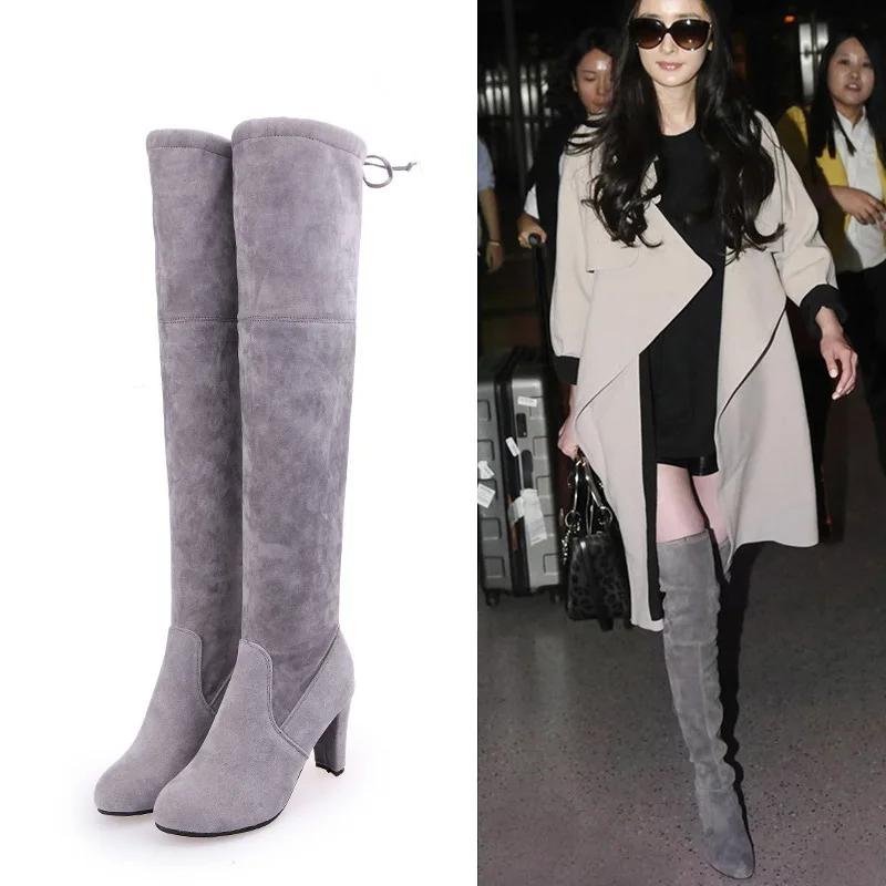 

2019 Ladies Shoes Square Low Heel Women Over The Knee Boots Scrub Black Pointed Toe Woman Motorcycle Boots Size 34-43