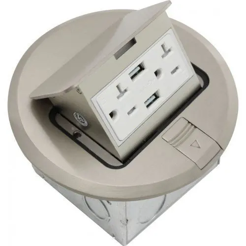 

Orbit Industries FLBPU-DU-R-C-BR Round Pop-up Floor Box Cover Only with Duplex Receptacle and Dual USB Ports, Tamper Resistant,
