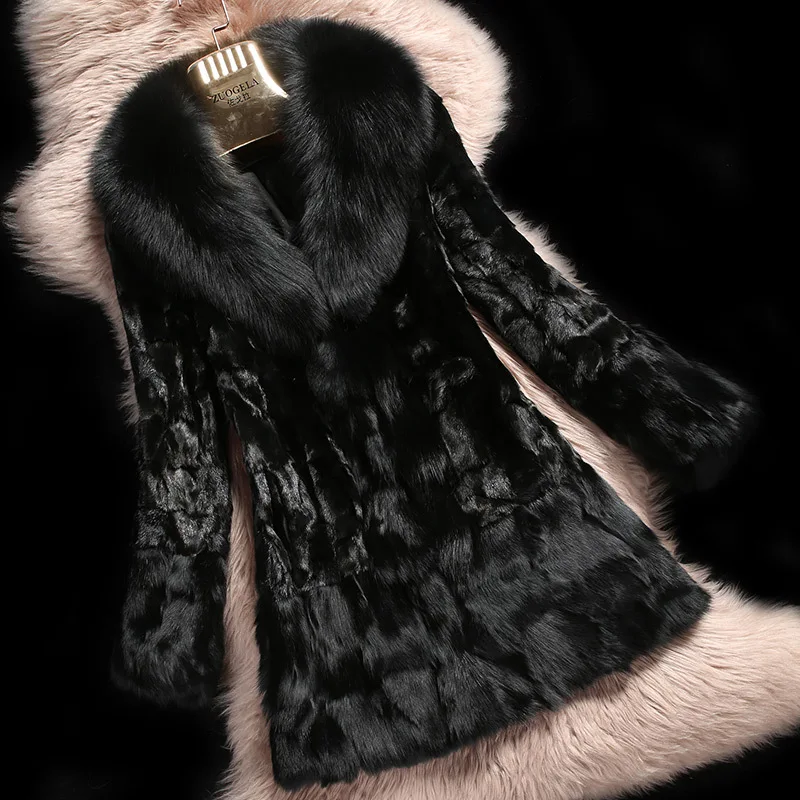 

Genuine Real Piece Mink Fur Coat Fox Fur Collar and Hem Winter Women Fur Outerwear Coats Lady Overcoat 3XL 4XL VK1507