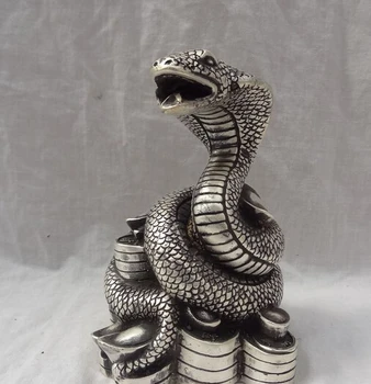 

SCY S0608 Chinese Silver Year Zodiac Sculpture Wealth Snake Head On Coin YuanBao Statue