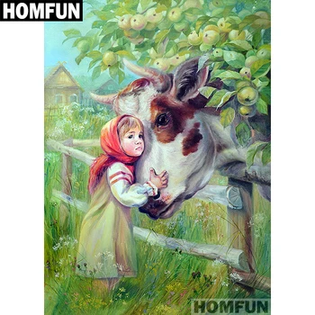 

HOMFUN Full Square/Round Drill 5D DIY Diamond Painting "Girl & cow" Embroidery Cross Stitch 5D Home Decor Gift A01512