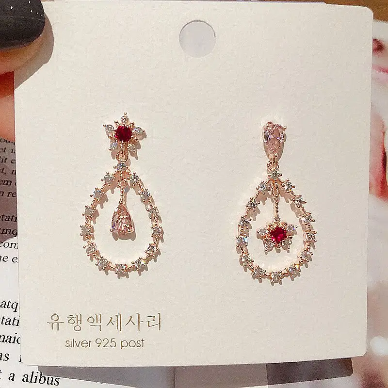 

High-end Korean Style Water Drop Earrings Gold Color Red Pink Clear Cubic Zirconia Earrings Luxury Women Party Gift Jewelry