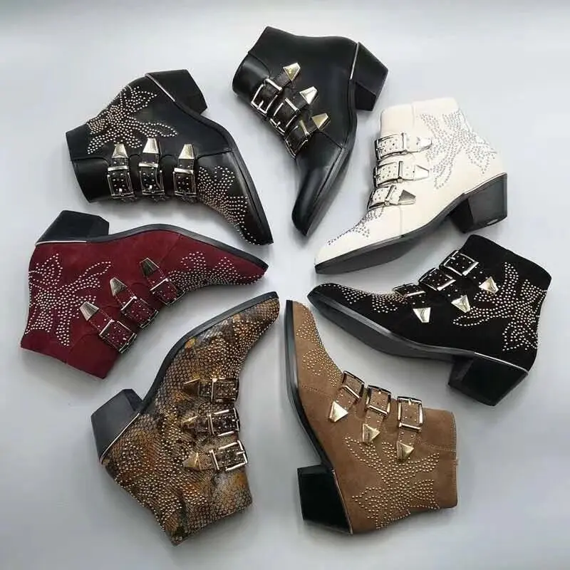 JAWAKYE/пикантные кожаные ботильоны Susanna с заклепками и пряжкой; женская зимняя обувь на каблуке «рюмочка»; женские ботильоны с шипами