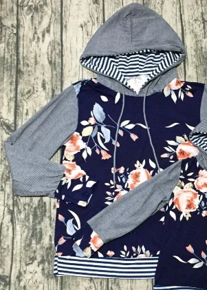 navy adult Осенне-зимняя одежда для детей; одежда с капюшоном для маленьких девочек; детская одежда из молочного шелка с кулиской; хлопковый бутик; цветочный узор в полоску; Цвет Серый, винный - Цвет: navy adult