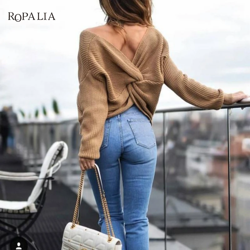 New Long Sleeve Knitted Sweaters V Neck Twisted Back Sweater Women Jumpers Pullovers 4 Colors Sweaters