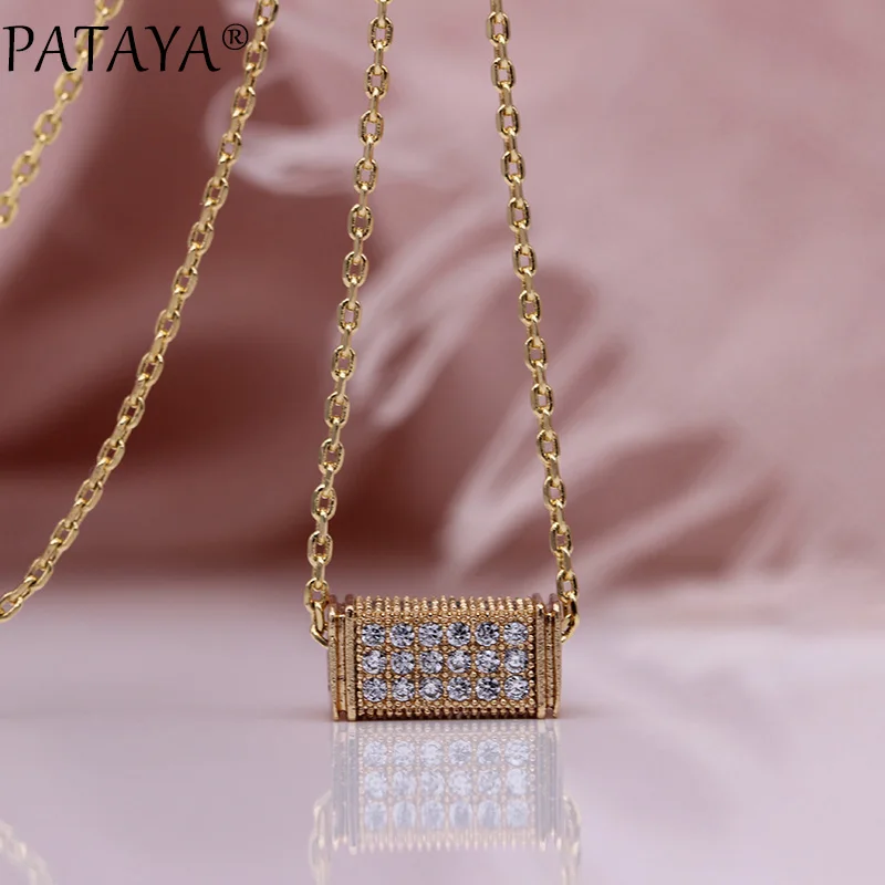 

PATAYA New Square Pillar Long Necklaces 585 Rose Gold Micro-wax Inlay Natural Zircon Luxury Pendants Women Party Fashion Jewelry