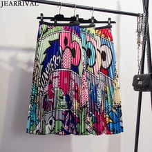 Осенняя мода Высокая талия длинная Плиссированная Юбка Для женщин эластичные плотные штаны с трапециевидной формы с принтом уличных Стиль миди-юбка saia faldas Mujer