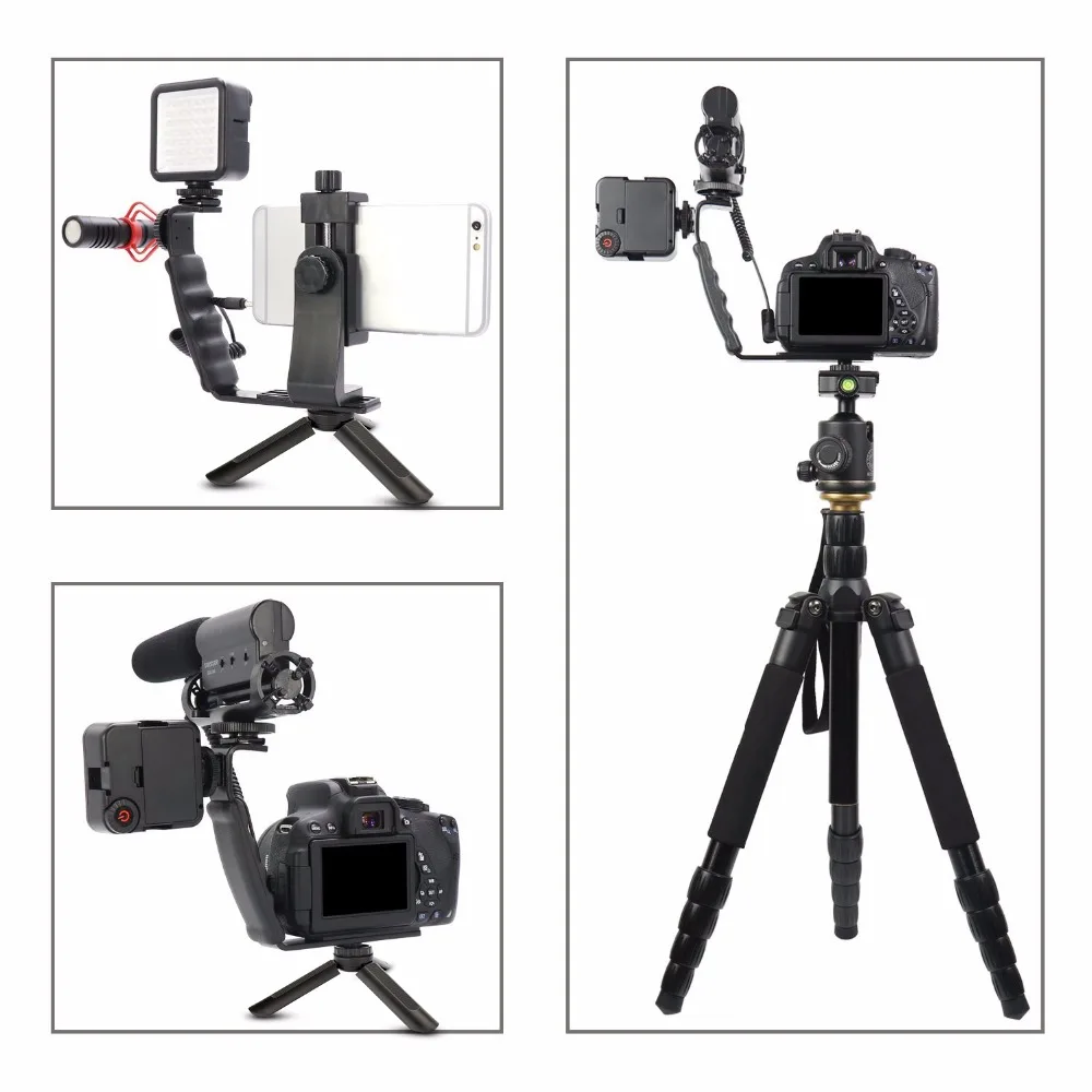 Photography L Mic Stand Bracket with 2 Standard Hot Shoe Mounts Mini Phone Tripod for Gopro 6 Smart
