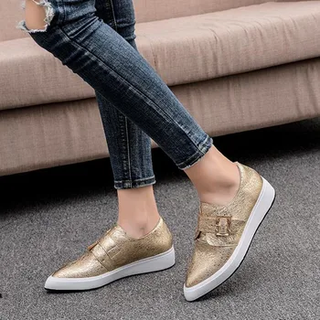 

Fashion casual flat shoes White, gold Women's shoes Spring and autumn new flat-bottomed pointed Loafers