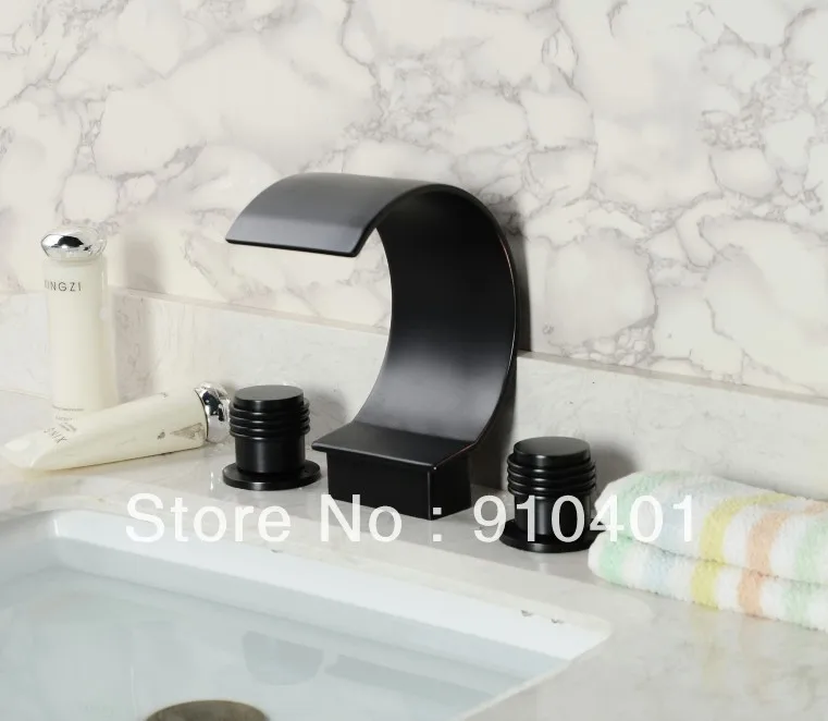 Free Shipping Wholesale And Retail Promotion Deck Mounted Oil Rubbed Bronze Bathroom Waterfall Basin Faucet Dual Handle Mixer |