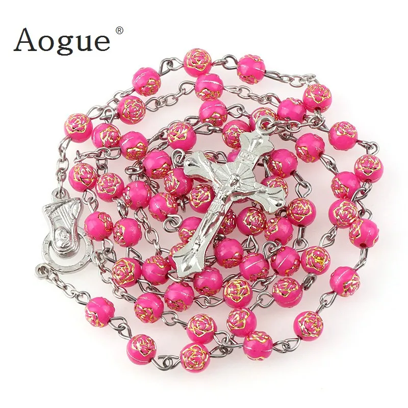 

5 Colors 6mm long plastic print silver rose round bead rosaries Necklace Pink Color Holy Rosary with Lourdes Medal