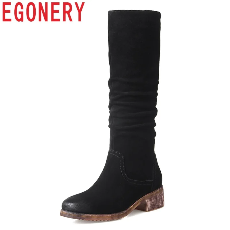 

EGONERY high quality hot sale newest cow suede round toe med square heel platform slip-on black and brown winter knee high boots