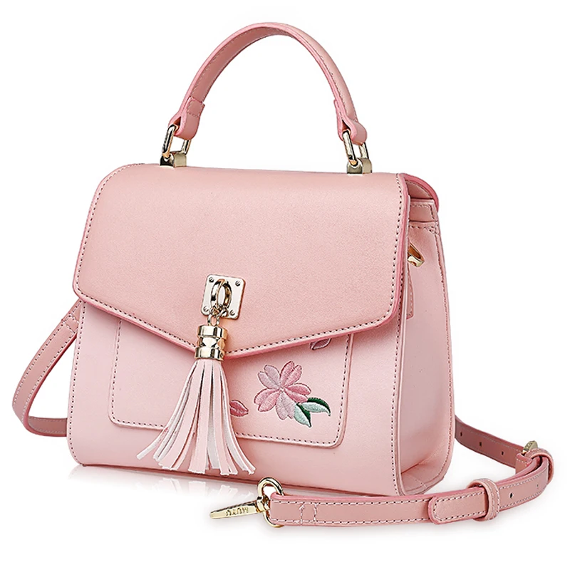 

Women Leather Embroidery Handbags Girl Shoulder Bags Messenger Bag Female Tote Braccialini Style Handicraft Pink Cherry Blossoms