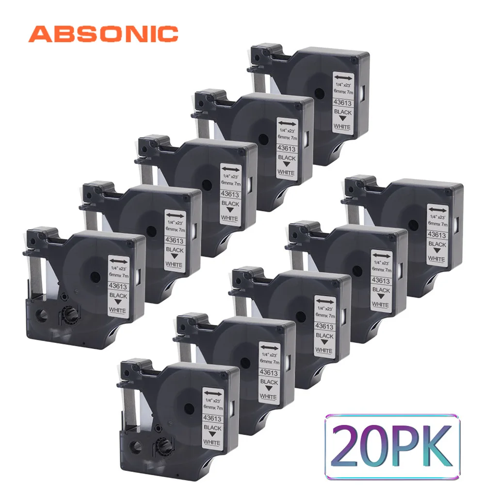 

Absonic 20PCS 6mm Label Printer Refill Tape Compatible for DYMO D1 Printer 43613 Black on White for DYMO Label Ribbons Cassette