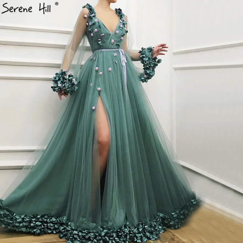 

Dubai Long Sleeves Green Sexy Evening Dresses 2019 Handmade Flowers V-Neck Tulle Evening Dresses Design LA60790