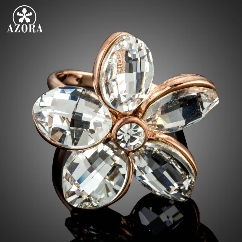 

AZORA Genuine Clear Austrian Crystal Flowers Adjustable Size Rings Rose Gold Color Simple Design for Women TR0178