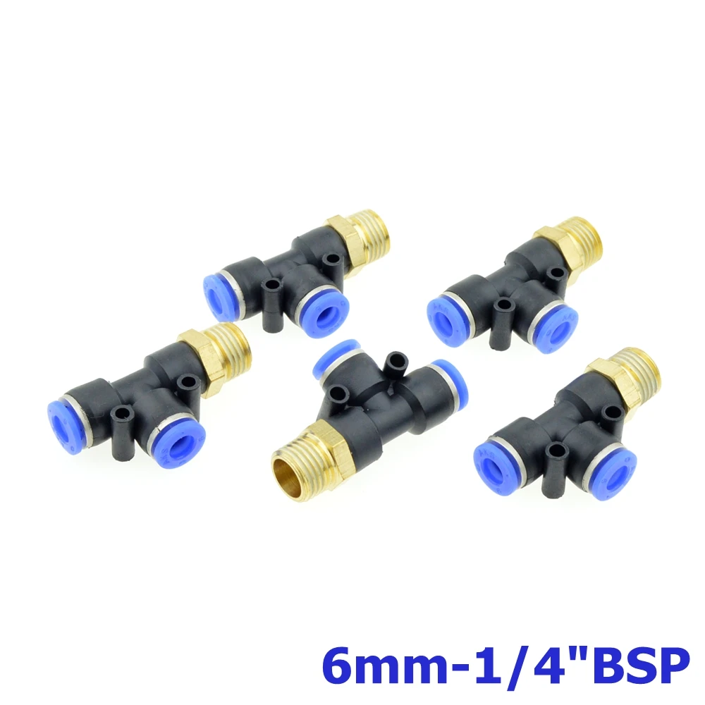

5pcs Air Connector Fittings One side 1/4"BSPT male thread to 6mm plastic pipe Push in T Shaped Tee Pneumatic Fitting Coupler