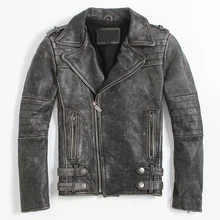 Новинка, Мужская винтажная черная кожаная байкерская куртка, диагональная молния, Натуральная Воловья кожа, короткая приталенная Мужская мотоциклетная куртка