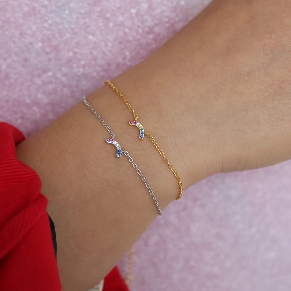 

sweet cute girl gift jewelry wholesale helf circle geometric rainbow shape colorful cz link chain bracelet charming