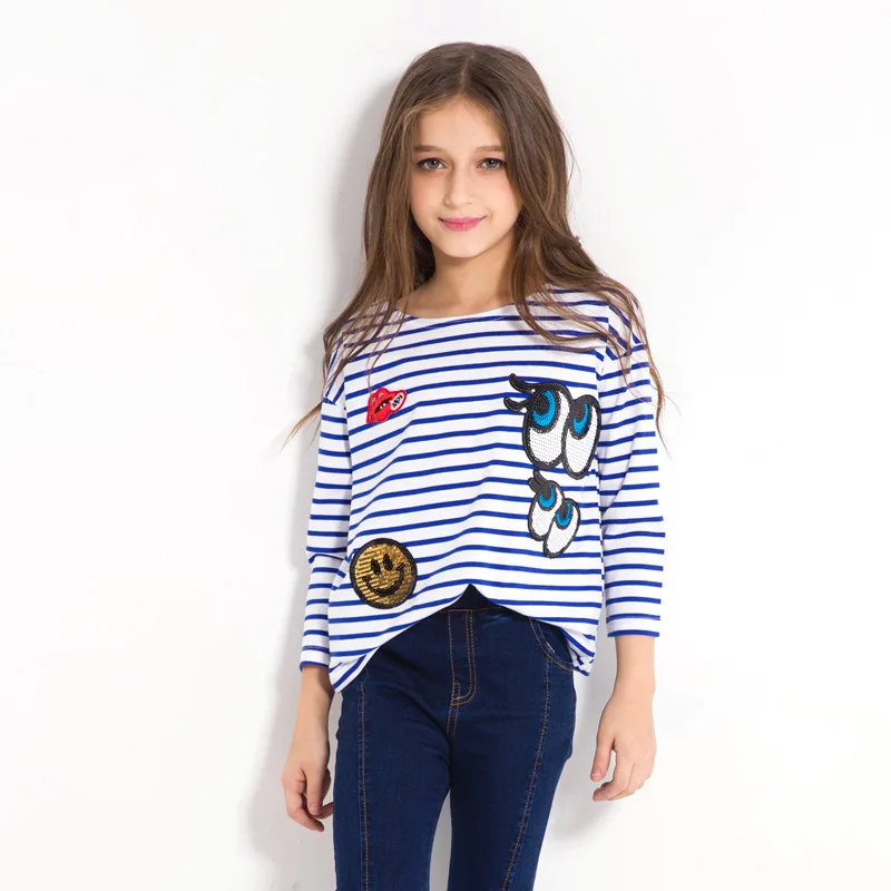 

Long Sleeve Girls Tops Sequined Striped T shirts age 6 8 10 12 14 years Fashion Little Girls Tee Teenage Girls Clothing