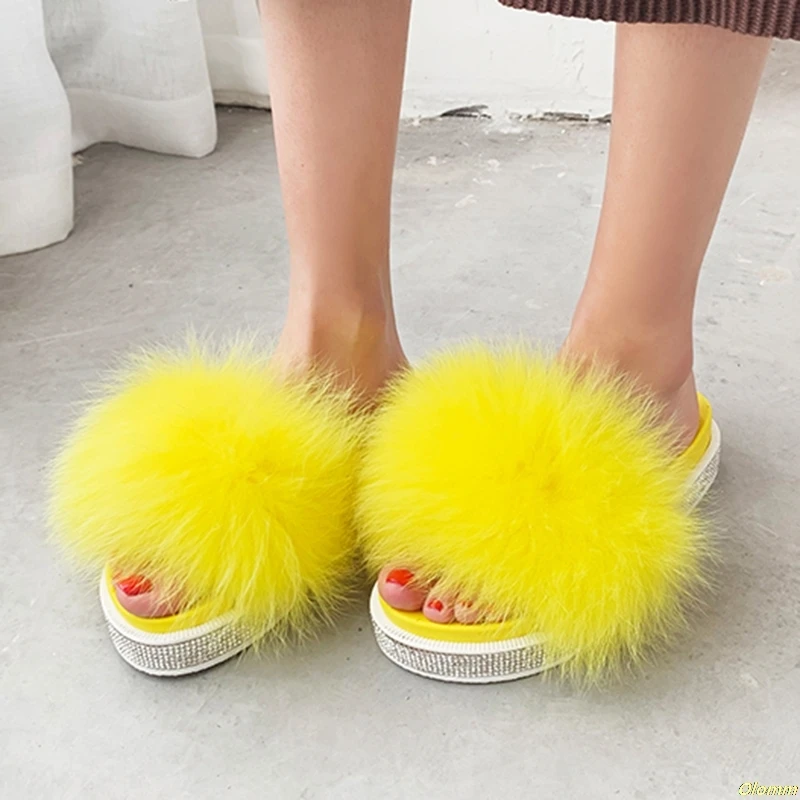 

2019 Summer fox fur slides Cute crystal Plush Fox slippers 100% real fox hair luxury fashion beach slippers