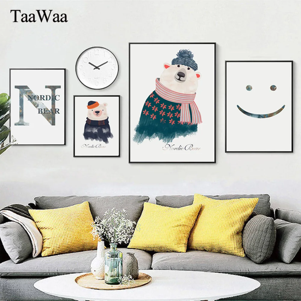 

TAAWAA Nordic Polar Bear Poster and Print Quote Wall Art Canvas Painting Smile Animals Wall Picture for Living Room Home Decor