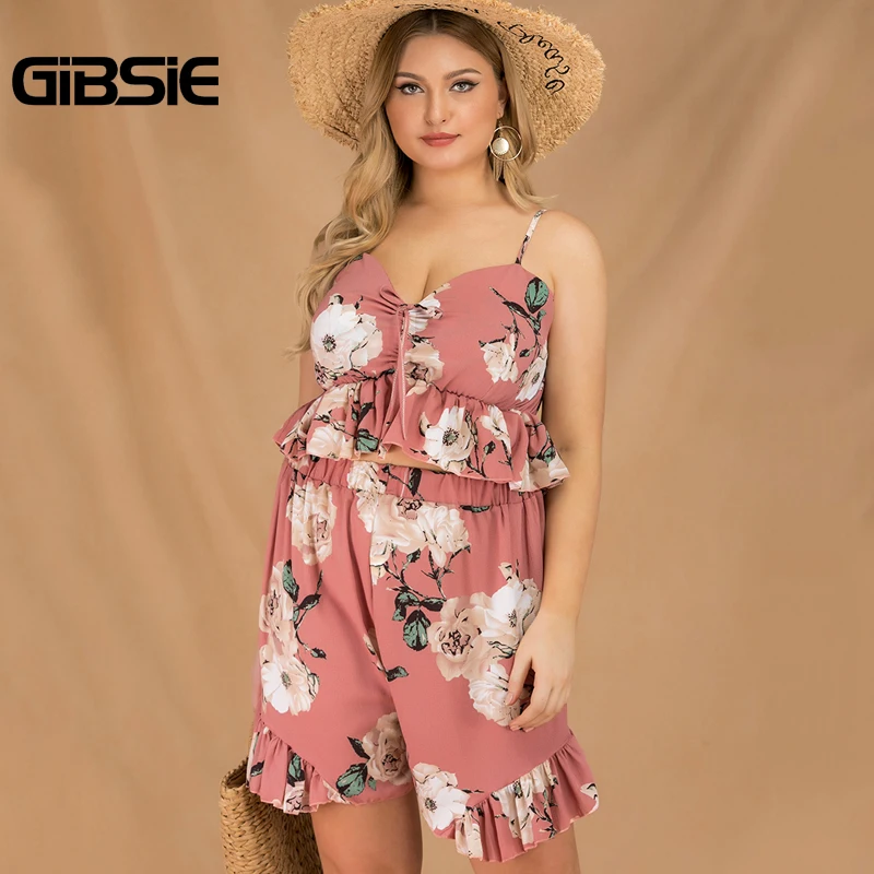 

GIBSIE Plus Size Boho Floral Print Summer Two Piece Set Women Tie V-Neck Spaghetti Strap Pleated Top And Ruffle Hem Shorts