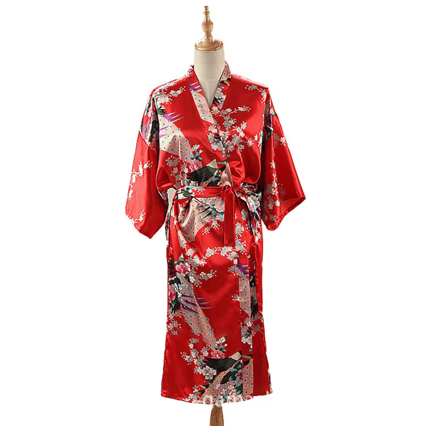 2-Woman-Loose-Style-Pajamas-Home-Sleep-Wear-Lace-Up-Peacock-Print-V-neck-Night-Gown-Japanese