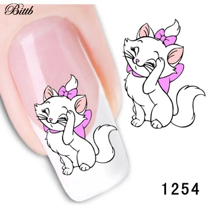

Bittb 2pcs Cartoon Cat Nail Sticker Water Transfer Nail Decal Tips Decoration Fingernail Art Stickers Tool Beauty Nail Sticker