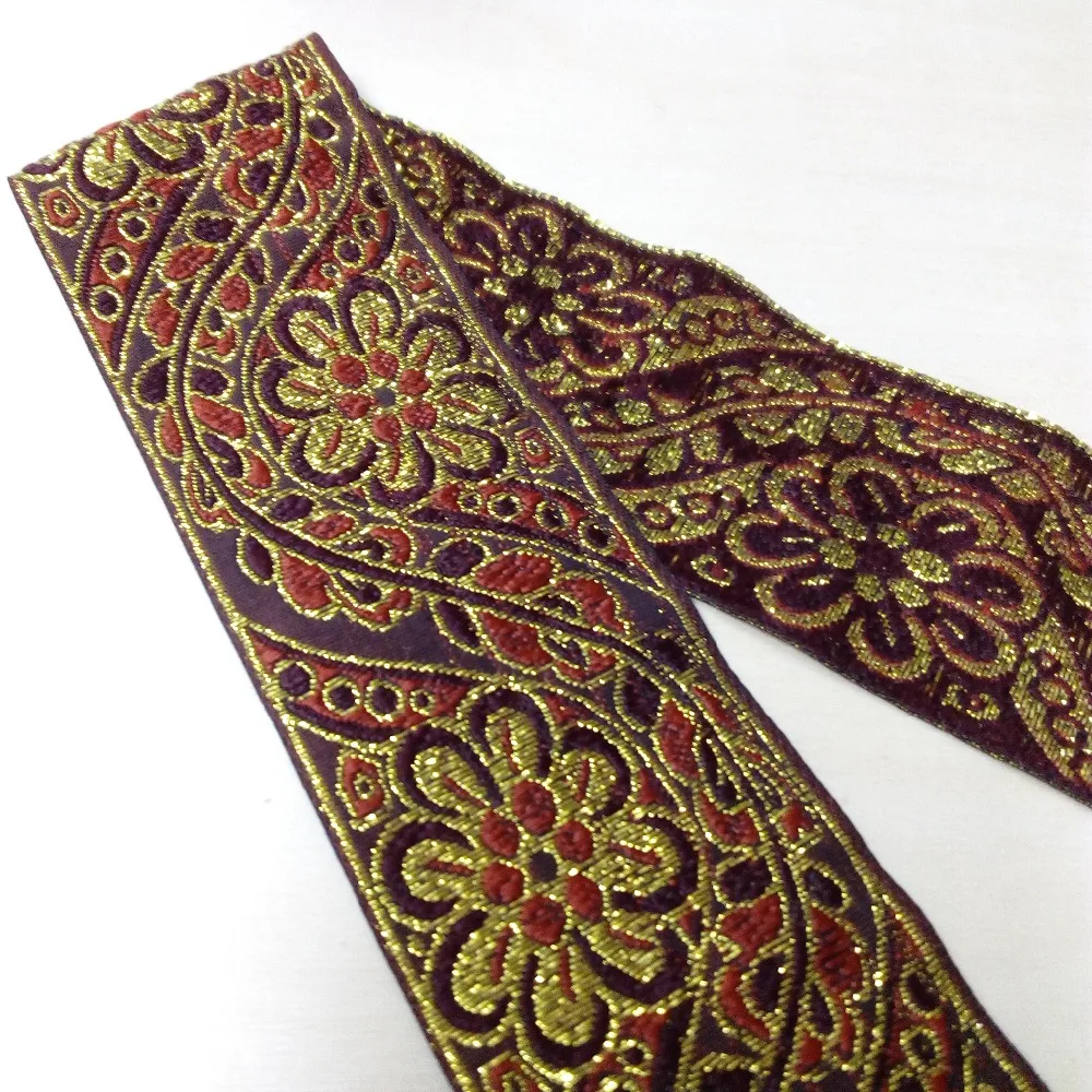 

50mm 5cm 2'' Brown Orange Golden Filigree Flower Waved Ethnic Costume Laciness Woven Embroidery National Jacquard Ribbon Webbing