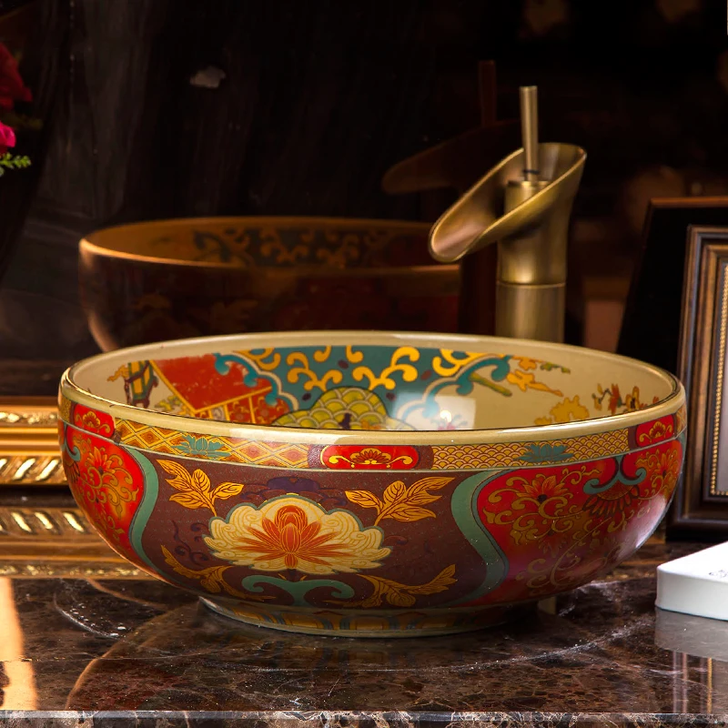 Colorful China Artistic Handmade Engraving Ceramic Lavobo Round Countertop handmade ceramic small wash basin bathroom sinks (4)