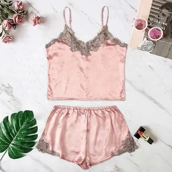 

Sleep Pajama Set Sexy Silk Satin Sleepwear Women Summer Pyjama Femme Fashion Embroidery Lace Camisole Shorts Set for Women7/19