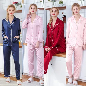 

YT- 069 Womens Silk Satin Pyjamas Long Sleeve Sleepwear Pijama Pajamas Suit Female Tops Pants Suit