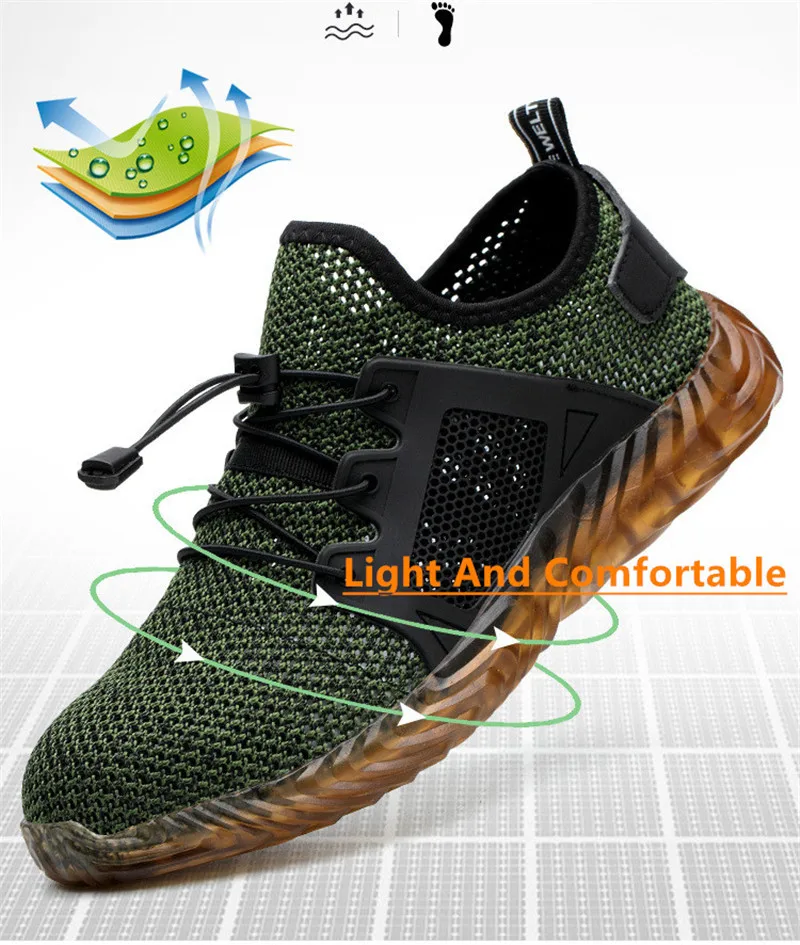 DEWBEST New Breathable Mesh Safety Shoes Men Light Sneaker Indestructible Steel Toe Soft Anti-piercing Work Boots Plus size