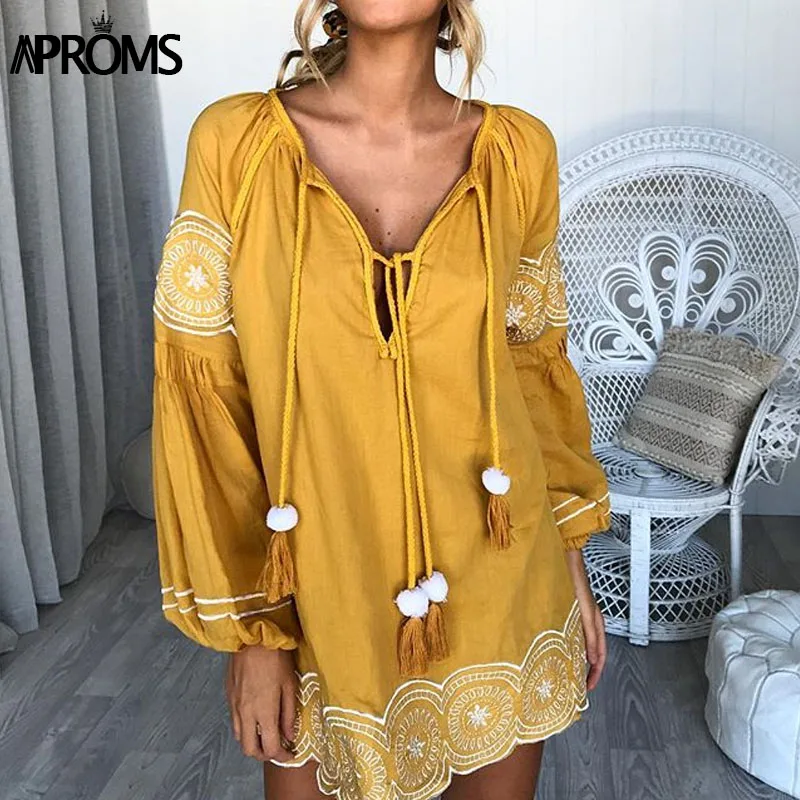 Koop Aproms Gypsy Geel Borduren Lange Blouse Vrouwen Casual Lange Mouw Kwastje Stropdas Overhemd 2018 Lente Streetwear Outfits Top Blusas