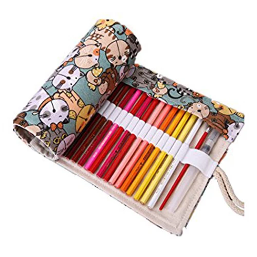 Canvas Pencil Wrap,Travel Drawing Cute Cat Pencil Roll Organizer For Artist,Pencils Pouch Case