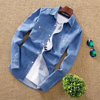 

Fall 2020 new denim shirt young men elastic pure color long sleeve shirts