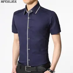 MFERLIER летние мужские повседневные рубашки хлопок личности slimple Бизнес торжественное платье модные футболки с коротким рукавом темно-синий