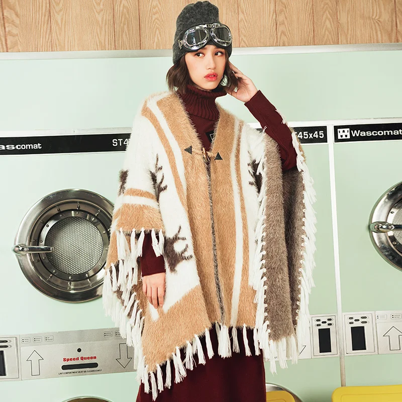 

Jessica's Store New Autumn Winter Original Design Vintage V-Neck Tassel Casual Altra Loose Horn Button Cloak Style Sweater