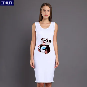 CDJLFH 2017 Summer Women Tight Dress Cute Panda Theme Print Women White Round Neck Sleeveless Vestido GHBYLQY362