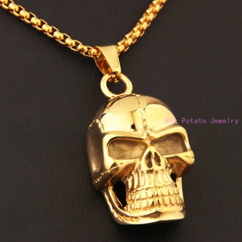 Fashion Gold Cool Skeleton Skull Head Pendant Necklace 316L Stainless
