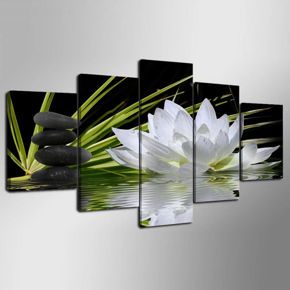 Modern Home Wall Art Decoration Frame Modular Pictures 5 Pieces White Lotus Flower Water Cobblestone HD Printed Canvas Paintings