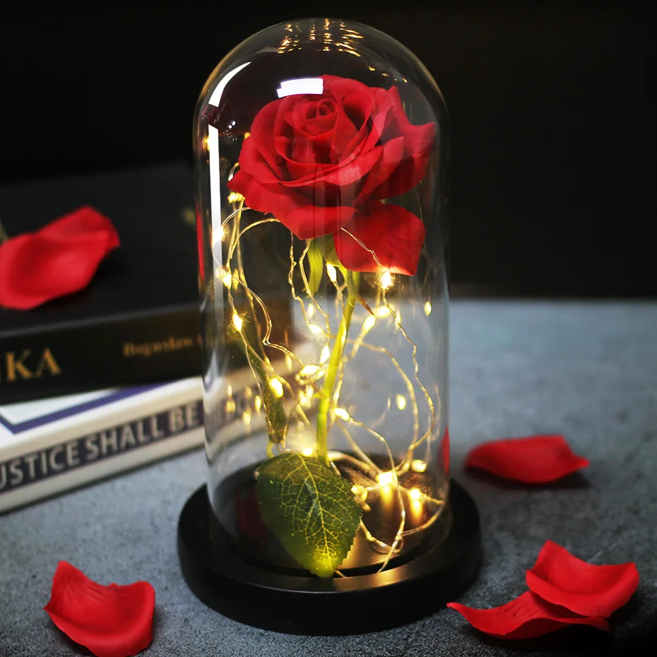 

Romance Eternal Life Flower Glass Cover Beauty and Beast Rose LED Battery Lamp Birthday Valentine's Day Mother Gifts Home Decor