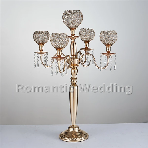 

Free shipment 6PCS/lots 5 arms gold crystal metal candlestick centerpiece for Wedding decoration event party decoration