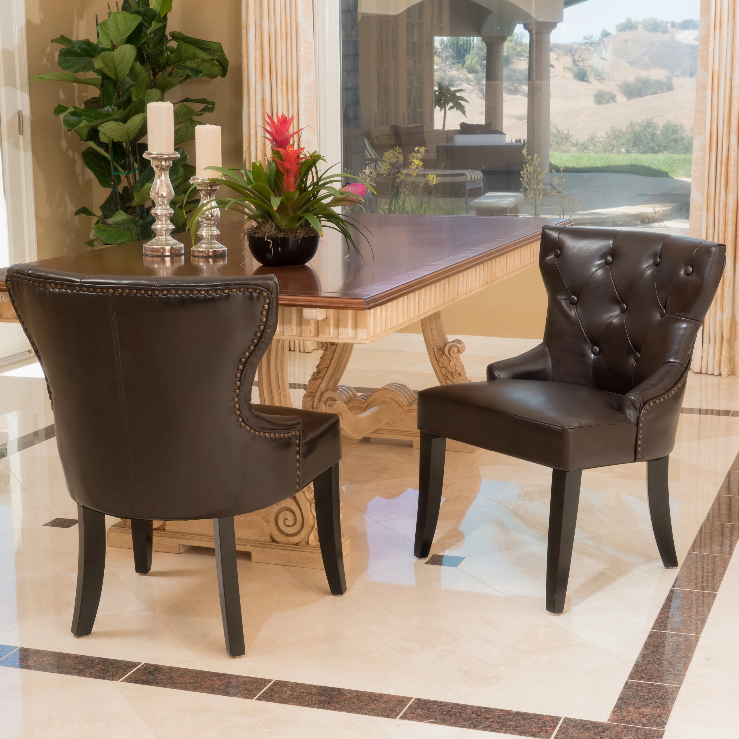 Zatgan Brown Leather Tufted Dining Chair (Set of 2)