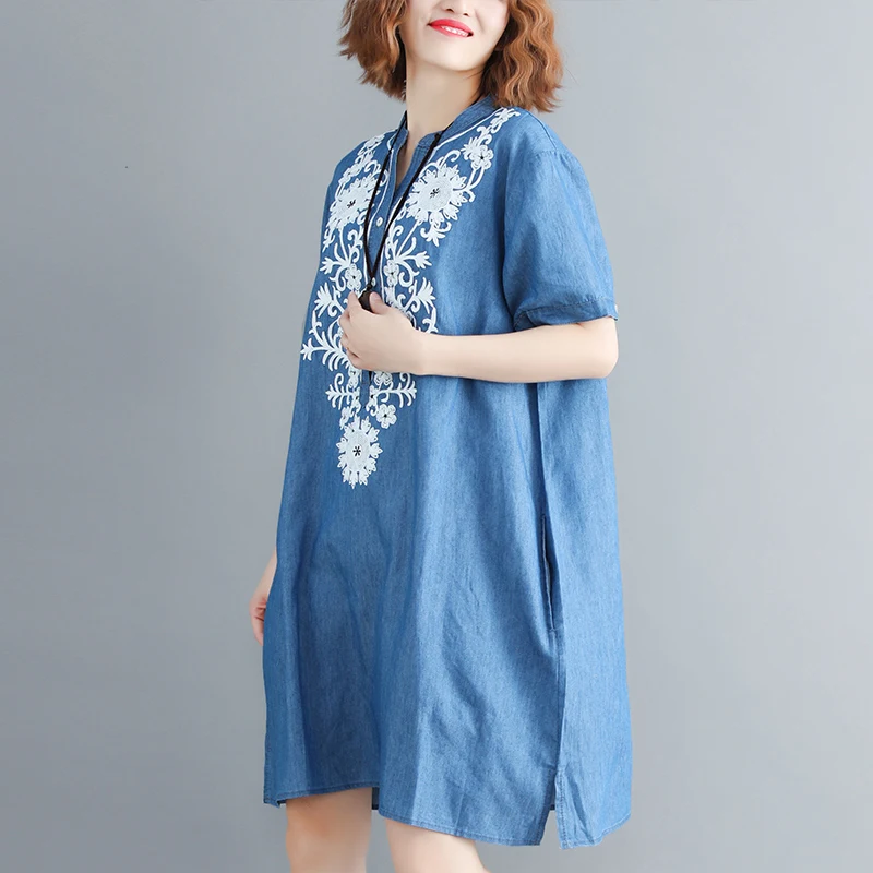 2019 Summer Women Oversize Demin Dress Elegant Vintage Short Sleeves Loose Casual Cowboy Dresses embroidery cotton Jeans Dress