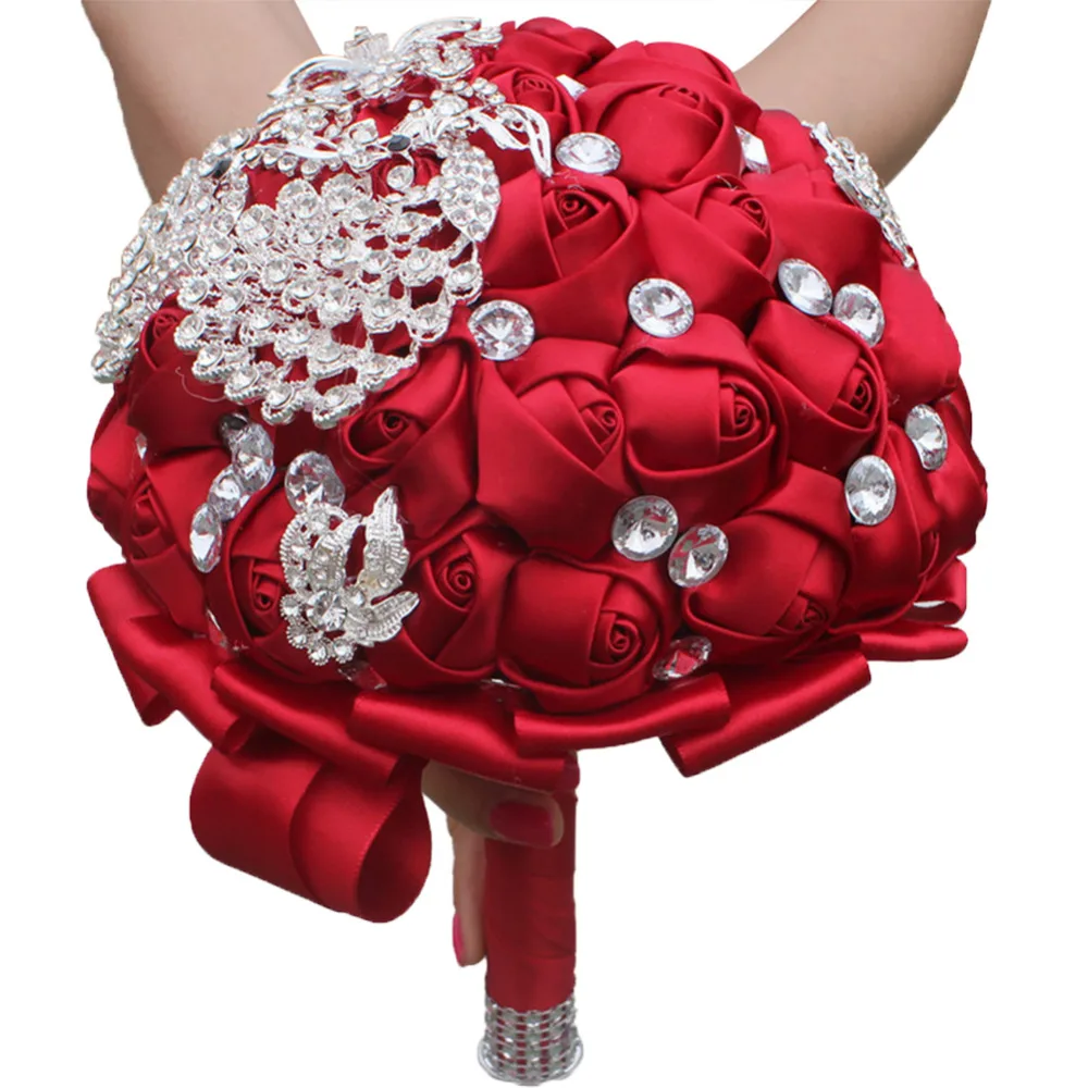 

Wedding Flowers Bouquets For Bridesmaid With Crystals Soft Ribbons, Artificial Rose Flowers For Party and Church SPH001