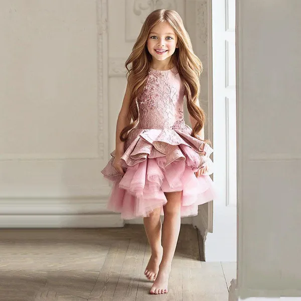 

Gorgeous Pink Toddler Short Flower Girl Dresses Knee Length Pageant Prom Party Gowns Sleeveless Beads Kid Formal Communion Dress