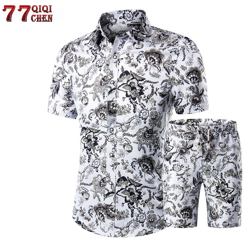 2018 Летняя мода Цветочный принт рубашки Для мужчин + шорты комплект Для мужчин короткий рукав рубашки Повседневное Для мужчин Костюмы